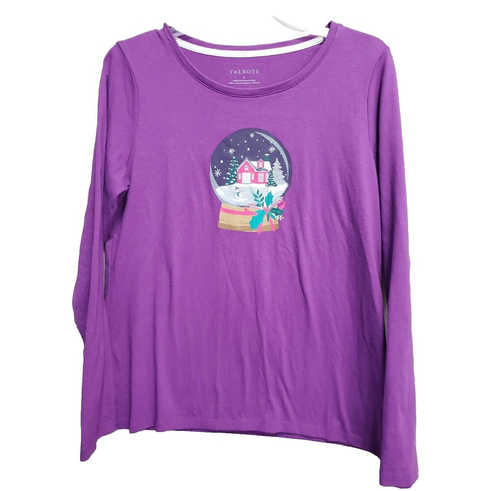Talbots 100% Cotton Purple Long Sleeve Christmas Snow Globe Graphic T-Shirt Sz S